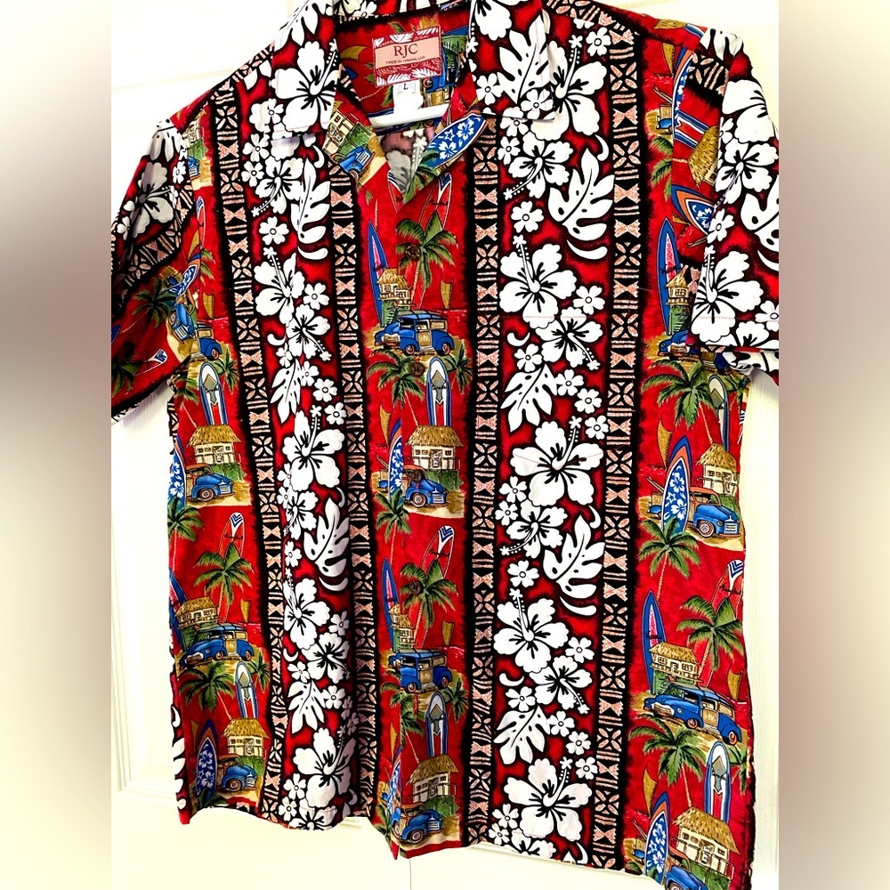 RJC Shirt Hawaiian Red White Hibiscus Flower Short Sleeve Cotton Large - Picture 2 of 11